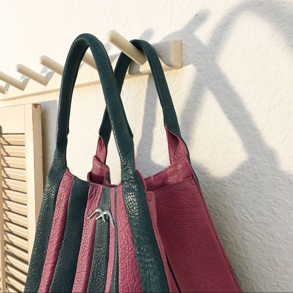 Big Leather Designer Bag, Vertical Stripe Panels - Picture 3 of 8